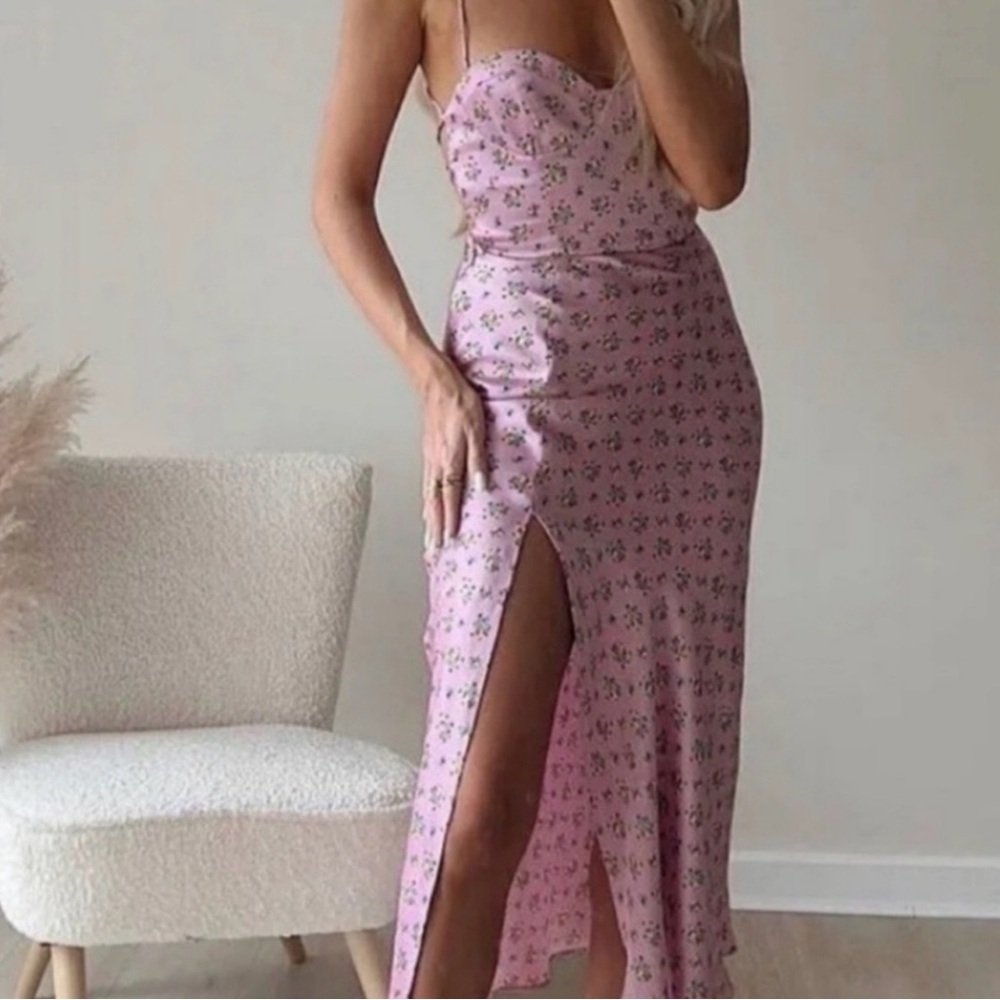 Zara Purple Satin Floral Corset Style Lace-Up Open Back Thigh Slit Maxi Dress - Picture 3 of 7